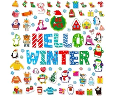 88 dalių linksma žiemos dekoracija, hello winter pingvinų pirštinės, senis besmegenis, snaigė, iškarpos, skelbimų lentos dekoras, storas kartono rinkinys klasei, durims, langui, kalėdinei žiemos šventei