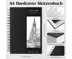 A4 formato eskizų knyga, piešimo bloknotas, eskizų popierius piešimui, spalvinimo bloknotas, 200 g/m² storio popierius, spiralinis įrišimas menininkams, vaikams, studentams (60 lapų/120 puslapių)