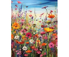 Aapxi piešimas pagal skaičius suaugusiems Gėlių pieva - piešimas pagal skaičius pradedantiesiems ir vaikams, drobės meno sienų dekoracija gamtos motyvais 40 x 30 cm (be rėmo)