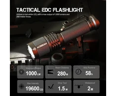 Acebeam Tac Aa taktinis edc žibintuvėlis, 1000 liumenų įkraunamas žibintuvėlis, 280 metrų ilgio nuotolis, kišeninis led žibintuvėlis, itin ryškus mažas mini žibintuvėlis stovyklavimui, avarinei situacijai