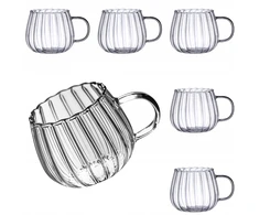 Adena stiklinis puodelis su rankena, rifliuotas, didelis, kavai, arbatai, 400 ml, 6 vnt.