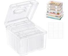 Adorbox skaidri nuotraukų dėžutė, 21 x 21 cm dėžutė, nuotraukų dėklas, 5 vidiniai nuotraukų organizatoriai, skaidrios nuotraukų dėžutės saugojimui, 1 etikečių lipdukų lapas rankdarbiams, kortelėms, biuro reikmenims