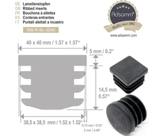Adsamm® 4 x lameliniai kamščiai, juodi, 36 x 36-38 x 38 mm, kvadratiniai, baldų slystukai plieninėms vamzdinėms kėdėms, galiniai dangteliai kvadratiniams vamzdžiams