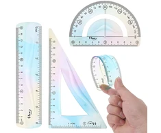 Aeaocvo 3 dalių liniuočių rinkinys, spalvinga lanksti minkšta liniuotė 15 cm, plastikinė lanksti nedūžtanti liniuotė vaikams, mokyklai, pradinei mokyklai, namams (tiesi liniuotė, trikampė liniuotė, transportyras)