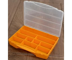 Aerzetix - C70185 - Dėžutė varžtams 24 x 17.5 x 4 cm su 10 skyrių - plastikinė - oranžinės ir skaidrios spalvos - sandarikliai, o-žiedai, varžtai, sraigtai, veržlės, poveržlės