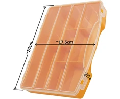 Aerzetix - C70185 - Dėžutė varžtams 24 x 17.5 x 4 cm su 10 skyrių - plastikinė - oranžinės ir skaidrios spalvos - sandarikliai, o-žiedai, varžtai, sraigtai, veržlės, poveržlės