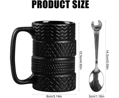 Affek Design 500 ml puodelis padangos formos, keramikinis puodelis padangos formos su šaukšteliu, didelis 3d automobilio puodelis su rankena, keramikinis puodelis padangos formos kavai, arbatai, gėrimams, kavos puodeliai biuro ir automobilių mėgėjams, juokinga dovana