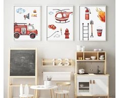 Plakatas Ag.art deco 3 plakatų rinkinys vaikų kambariui | 3 dalys A3 30 x 40 cm | gaisrinė mašina, ugniagesys | paveikslėlių rinkinys mergaitėms ir berniukams | be rėmo
