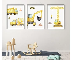 Plakatas Ag.art deco 3 vaikų kambario plakatų rinkinys | 3 dalys A3 30 x 40 cm | Geltonas kranas Ekskavatorius Vežimėlis Betono maišyklė Statybvietė | Paveikslėlių rinkinys mergaitėms ir berniukams | Be rėmo