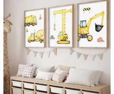 Plakatas Ag.art deco 3 vaikų kambario plakatų rinkinys | 3 dalys A3 30 x 40 cm | Geltonas kranas Ekskavatorius Vežimėlis Betono maišyklė Statybvietė | Paveikslėlių rinkinys mergaitėms ir berniukams | Be rėmo