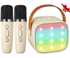 Muzikinis centras Akai Ankuka karaoke rinkinys vaikams ir suaugusiems su 2 mikrofonais, smėlio spalvos