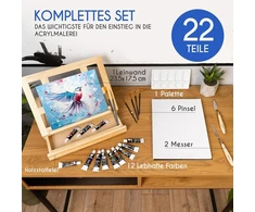 Akrilinių dažų rinkinys menininkams, 22 dalys, su mediniu dėklu tapybai suaugusiems, molbertas, 12 akrilinių dažų tūbelių, 2 mentelės, 6 teptukai, drobė ir maišymo paletė