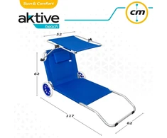 Aktive 62610 - gultas paplūdimiui su ratukais, paplūdimio kėdė su ratukais, 2 ratukai, su skėčiu nuo saulės, paplūdimio kėdės su ratukais, 62 x 117 x 62 cm, sėdynės aukštis 11 cm, maksimalus svoris 110 kg, mėlyna spalva, Active