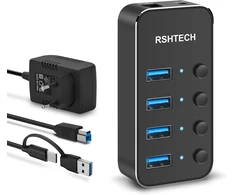 Aktyvus Usb 3.0 šakotuvas su maitinimo šaltiniu, Rshtech Usb 3.0 šakotuvas su 4 duomenų prievadais Usb 3.0 prievadų skirstytuvas su 100 cm 2-in-1 hibridiniu duomenų kabeliu (type A/type C), 10w (5v/2a) maitinimo šaltinis, aliuminis, Rsh-st04