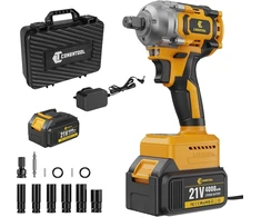 Akumuliatorinis smūginis veržliasukis 680 N.m, 21 V sukamasis smūginis veržliasukis su 4000 Mah akumuliatoriumi namams ir automobiliui, 1/2 colio akumuliatorinis smūginis veržliasukis su led darbo lempute, 6 galvutės 14/17/18/19/21/22 mm
