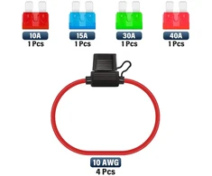 Allecin 4 vnt. automobilinių saugiklių laikiklių rinkinys 10awg laidų ašmeninių saugiklių laikiklis įmontuotas 32v saugiklių laikiklis vandeniui atsparus ašmeninių saugiklių laikiklis su 10a 15a 30a 40a standartiniais ašmeniniais saugikliais automobiliui