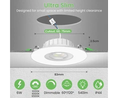 Alusso lighting led įleidžiamas prožektorius, 230 v, pritemdomas plokščias, prožektoriai, 6 w, 68 mm su nuimamu moduliu, 3cct šilta balta, natūrali balta, šalta balta, ip44 įleidžiami šviestuvai, lubų prožektoriai