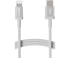 Amazon Basics nailono pintas lightning į usb-c kabelis, mfi sertifikuotas įkrovimo kabelis, skirtas iphone 12/12 pro/12 pro max/11/11 pro/11 pro max/x/xs/xr/xs max/8/8 plus, sidabrinis, 1.8 m