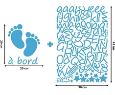 Ambiance Sticker personalizuoti vardiniai lipdukai | Baby on Board | Sienų dekoracija vaikų kambariui | 2 lapai po 25 x 20 cm ir 45 x 30 cm - ledinė mėlyna