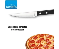 Amefa Pizza 7000 kepsnių stalo įrankiai, 6 kepsnių peiliai, dantytas peilis 6 asmenims, plieno ašmenys 13/0, juodos kniedytos plastikinės rankenos, skirti kepsniams, mėsai ir picai
