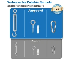 Angooni 40 m plieno trosų rinkinys, pastorinta 3 mm nerūdijančio plieno vielinė virvė, m5 virvės įtempiklis, nerūdijančio plieno įtempimo griebtuvas, m5 sieniniai kabliukai, plieno trosas su kilpomis, atrama vijokliniams augalams, užuolaida