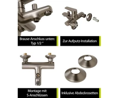 Aquasu® Morti 798808 vonios maišytuvas su perjungikliu, 1/2 colio dušo išvadas apačioje, montuojamas ant sienos, standartinės S jungtys, keraminė kasetė, žalvarinis korpusas, industrinis