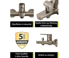 Aquasu® Morti 798808 vonios maišytuvas su perjungikliu, 1/2 colio dušo išvadas apačioje, montuojamas ant sienos, standartinės S jungtys, keraminė kasetė, žalvarinis korpusas, industrinis