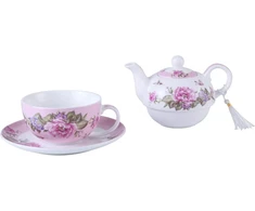 Arbata vienam, arbatinuko puodelio rinkinys, shabby chic flora, paukštis, rožė, drugelis, porcelianinė dovanų dėžutė (rožinė)