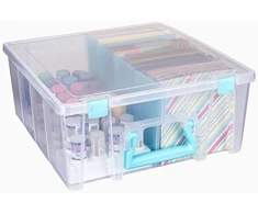 Artbin 6990sa Super Satchel Double Deep dėžutė su nuimamais skirtukais, didelė nešiojama meno ir amatų laikymo dėžė su rankena, permatoma / aqua mist