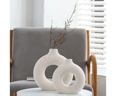 Aruva Ceramics Vaza – 2 baltų keraminių vazų rinkinys namų dekoravimui, vazos džiovintoms gėlėms ant stalo su pampų žole, kambario dekoracija dovanai, maža ir vidutinė