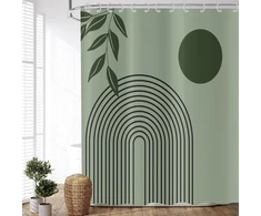 Asdcxz Boho dušo užuolaida 180 x 200 cm, moderni abstrakti žalios lapų saulės linijos šalavijų žalios vonios kambario plaunamos dušo užuolaidos poliesterio tekstilės vandeniui atspari vonios užuolaida voniai su 12 kabliukų