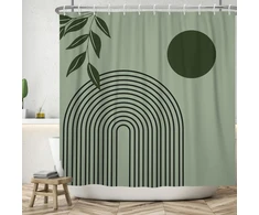 Asdcxz Boho dušo užuolaida 180 x 200 cm, moderni abstrakti žalios lapų saulės linijos šalavijų žalios vonios kambario plaunamos dušo užuolaidos poliesterio tekstilės vandeniui atspari vonios užuolaida voniai su 12 kabliukų