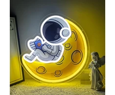 Lova Astronauto neoninis ženklas skaitymui, skirtas sienų dekoravimui, usb maitinamas reguliuojamo ryškumo led astronauto ir mėnulio neoninis ženklas fonui, visatos sienų meno dekoro dovana miegamajam, vyro urvui, vakarėliui (30,2 x 30,5 cm)