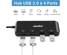Atolla usb 3.0 šakotuvas su maitinimo juosta, duomenų šakotuvas, 4 prievadai, itin plonas, su 60 cm ilgio prailginimo laidu ir indikatoriaus lemputėmis vienam maitinimo jungikliui