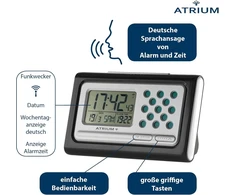 Atrium A310-7 radijo bangomis valdomas žadintuvas senjorams, skaitmeninis kvarcinis laikrodis su snaudimo ir garso reguliavimo funkcija, juodas sidabrinis