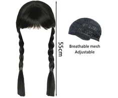 Atsmoce® Wednesday perukas, Wednesday perukas su kirpčiukais mergaitėms ir moterims, ilgi juodi pinti perukai, skirti Helovinui, Cosplay, karnavalui