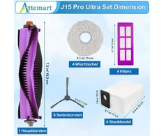 Attemart J15 Pro Ultra atsarginė dalis, skirta Eureka J15 Pro Ultra robotui-siurbliui, priedų rinkinys: 1 pagrindinis šepetys, 4 filtrai, 4 valymo šluostės, 4 dulkių maišeliai, 6 šoniniai šepečiai, 1 valymo šepetys, 20 vnt.