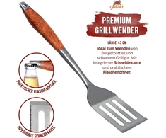 Aukščiausios kokybės grilio įrankių rinkinys, 3 dalių, pagamintas iš aukštos kokybės nerūdijančio plieno ir elegantiškų medinių rankenų, grilio žnyplės, grilio mentelė ir šakutė su ypač ilga rankena, idealus Grillart