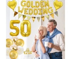 Auksinė vestuvių dekoracija, 50-ųjų vestuvių metinių dekoracijos, 50 auksinės vestuvių balionai, laimingų 50-ųjų metinių balionai, metalinis aukso ir baltų balionų baneris, 50 auksinių vestuvių torto viršūnė