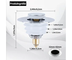 Aumayco praustuvo kamštis, universalus pop-up tipo kamštis, praustuvo kamštis su plaukų gaudykle, nerūdijančio plieno praustuvo kamštis praustuvams, kurių skersmuo 32-42 mm, 2 vnt.