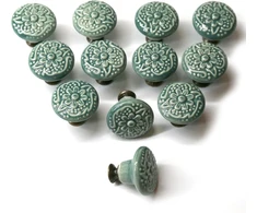 Auped 12 vnt. senovinių baldų rankenėlių rinkinys (34 mm) - retro gėlių dizainas žalios spalvos - virtuvės spintelėms, stalčiams ir komodoms - su montavimo medžiagomis (žalia)