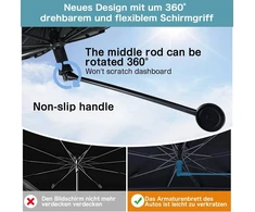 Automobilio saulės skydelis priekiniam stiklui 2025 m. atnaujinimas - 360° besisukanti rankena | anglies pluošto skeletas | efektyvi apsauga nuo Uv spindulių ir šilumos izoliacija | universalus daugumai transporto priemonių, 145 x 83 cm