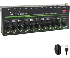 Aveek 10 kanalų mini stereo garso mikšeris, mažo triukšmo, skirtas tiksliam submaišymui, 1/4 colio Trs įvestis/išvestis, idealus Mikrofonams/pc/gitaroms/bosas/scenai