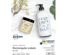 Avery Easy Peel stačiakampiai etiketės su spausdinimu iki krašto, 2 x 3 coliai, blizgios, skaidrios, 80 vnt. pakuotė (22822)