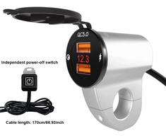 Baceyong atsparus vandeniui 12v motociklo Qc3.0 dvigubas Usb įkrovimo prievado maitinimo adapteris su skaitmeniniu voltmetru išmaniesiems telefonams, planšetiniams kompiuteriams ir Gps