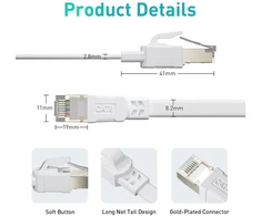 Bahiwom Cat8 Ethernet kabelis 1 m, 40 Gbit/s 2000 Mhz Cat 8 Lan kabelis tinklo kabelis Gigabit Rj45 Patch kabelis, plokščias interneto kabelis suderinamas su maršrutizatoriumi, su modemu, su kompiuteriu, su nešiojamuoju kompiuteriu - baltas
