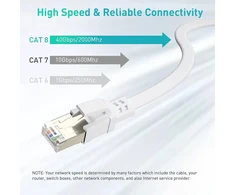Bahiwom Cat8 Ethernet kabelis 1 m, 40 Gbit/s 2000 Mhz Cat 8 Lan kabelis tinklo kabelis Gigabit Rj45 Patch kabelis, plokščias interneto kabelis suderinamas su maršrutizatoriumi, su modemu, su kompiuteriu, su nešiojamuoju kompiuteriu - baltas