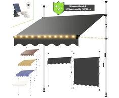 Balkono markizė nuo saulės 350 cm, prispaudžiama markizė su led lemputėmis, balta/oranžinė balkono markizė, nereikia gręžti, lango markizė