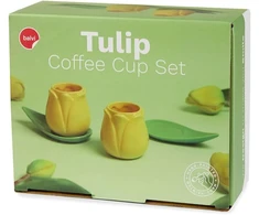 Balvi tulip kavos puodelių rinkinys geltonas/žalias, 2 tulip formos kavos puodeliai ir 2 lėkštės lapų formos
