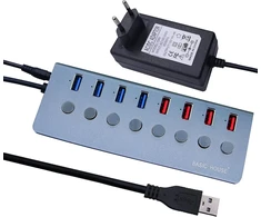 Basic House® usb 3.0 šakotuvas su 8 prievadais, aliuminio korpusas su maitinimo šaltiniu, individualūs įjungimo/išjungimo jungikliai, 12 v/4 a, 48 w didelės spartos duomenų perdavimas, usb šakotuvas, 8 usb duomenų prievadai, usb šakotuvas-skirstytuvas (4